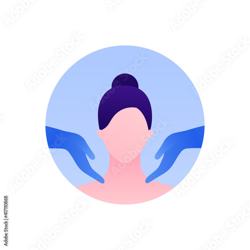 Dermatology, cosmetology and skin health care concept. Vector flat avatar illustration. Faceless female patient head and dermatologist or cosmetologist hand in protective gloves.