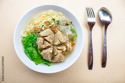 Bakso urat  or meatball muscles  is popular traditional food made from meat and cow muscles served with vegetables, noodle and flavour soup served on bowl
