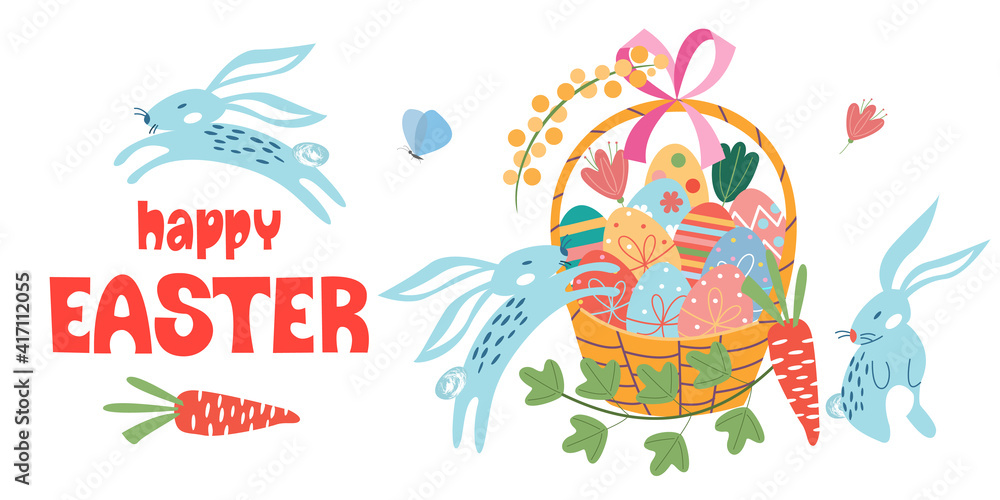 Fototapeta premium Happy Easter. A basket of painted eggs. Vector illustration.