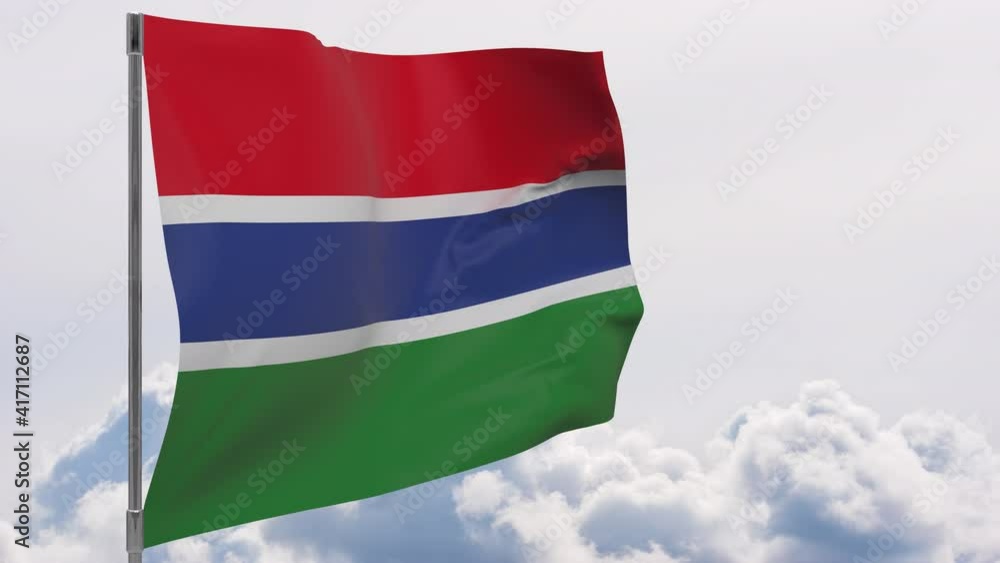 Gambia flag on pole with sky background seamless loop 3d animation Gambia flag on pole with sky background seamless loop 3d animation