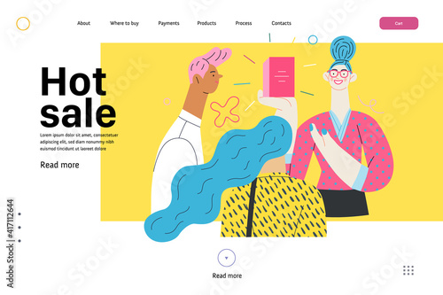 Discounts, sale, promotion - web template - shop consultant - modern flat vector concept illustration of customers and a salesperson telling about and offering the product. Hot sale