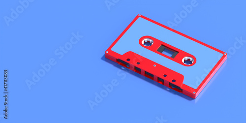 Vintage audio cassette tape isolated on blue background, copy space. Retro music. 3d illustration