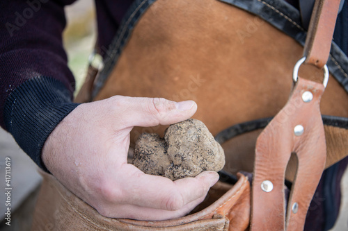 A caucasian man holds some black truffles on his hands.