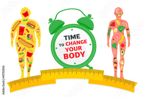Weight loss concept. Time to change your body. Before and after diet and fitness. Fat and thin man. Healthy lifestyle, a healthy diet and daily routine. 