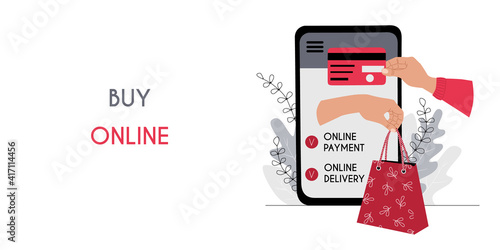 Online payment and delivery digital marketing concept. Horizontal banner header web template. Palm with credit card paying by smartphone. Website background. Hand holding shopping bag. Stock vector.