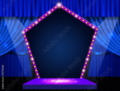 Background with blue curtain, podium, spotlights and retro arch banner. Design for presentation, concert, show