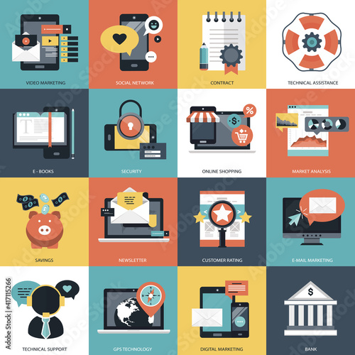 Business, technology and management icon set for websites and mobile applications. Flat vector illustration