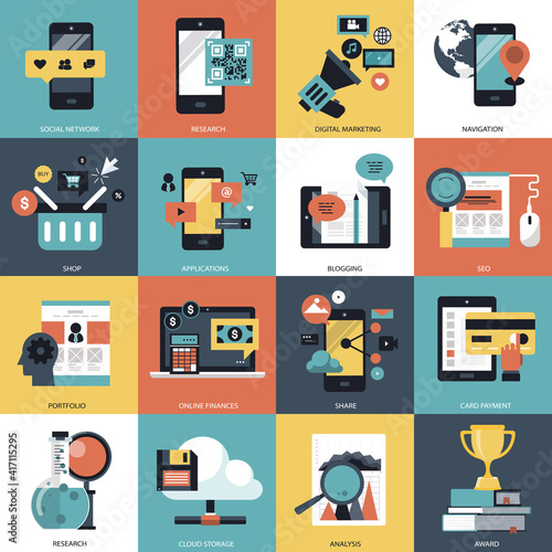 Business, technology and management icon set for websites and mobile applications. Flat vector illustration