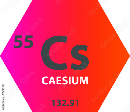 Cs Caesium Alkali metal Chemical Element vector illustration diagram, with atomic number and mass. Simple gradient fla hexagon esign for education, lab, science class.