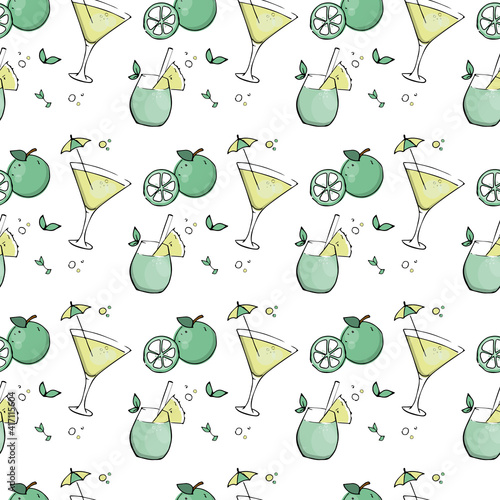 Seamless pattern with fruit and fruit cocktails. Summer mood, beach drinks. Design, layout, packaging, print.