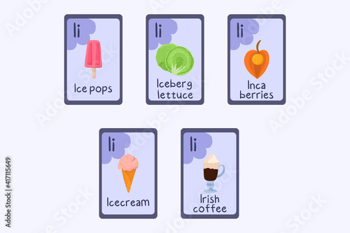 Colorful Phonics flashcard Letter I - ice pops, ice cream, iceberg lettuce, inca berries, irish coffee. Food themed ABC cards for teaching reading with foods, vegetables, fruits and nuts.