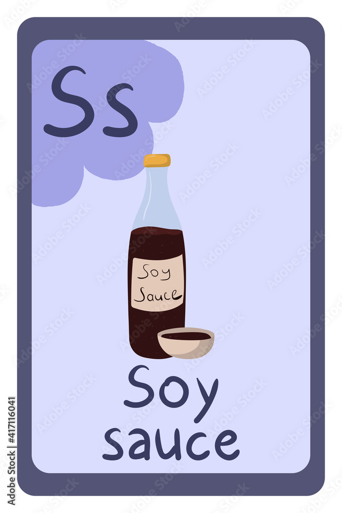 Colorful abc education flash card, Letter S soy sauce, Asian