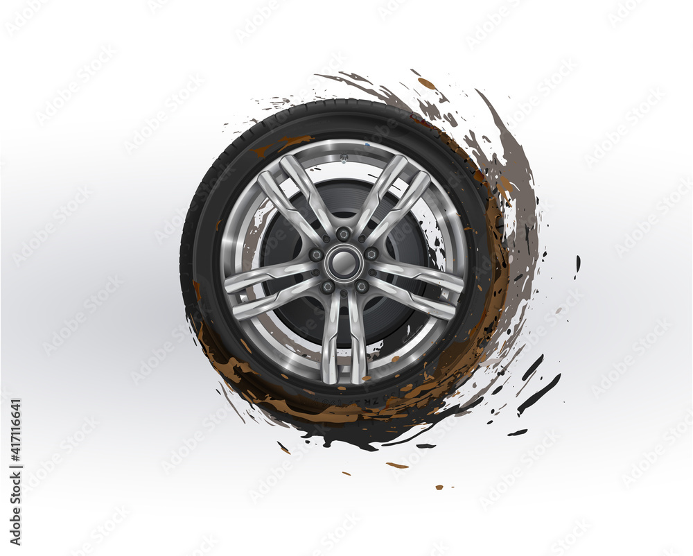 The car wheel is spinning in the mud. Tire tracks. Vector illustration