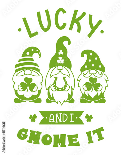 St patricks day card with lettering. St patricks gnomes with quote Lucky and I gnome it. Cute holiday card design with phrase and characters. Vector silhouette illustration isolated on white backgroun