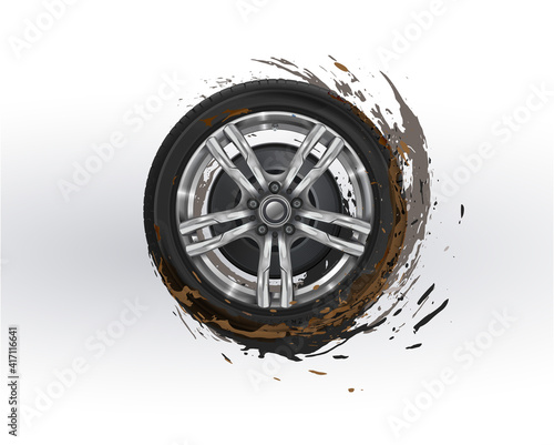 The car wheel is spinning in the mud. Tire tracks. Vector illustration on white background. Off-road texture elements. Splashing mud to the sides.