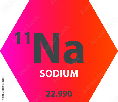 Na Sodium Alkali metal Chemical Element vector illustration diagram, with atomic number and mass. Simple gradient fla hexagon esign for education, lab, science class.