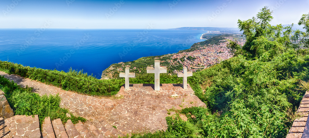 Three crosses on the top of Mount Sant'Elia, Palmi, Italy