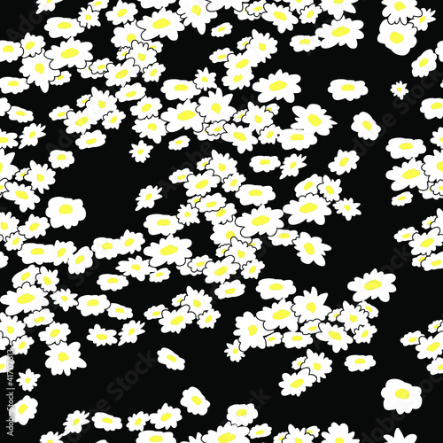 Seamless daisy pattern in small cute wild simple flowers on black background . Liberty style millefleurs. Floral chamomile background for textile, wallpaper, pattern fills, covers, surface, print, wra