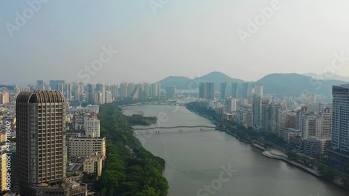 sunny day sanya riverside cityscape aerial panorama 4k hainan island china photo