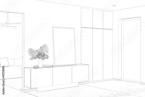 Sketch of the entrance hall with blank vertical poster and pampas grass on the sideboard, wardrobe, front door, doorway to the living room with a chandelier over the sofa. 3d render