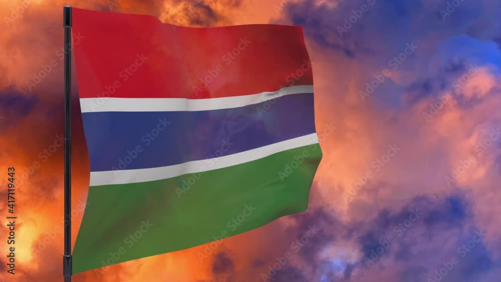 Gambia flag on pole with sky background seamless loop 3d animation ...