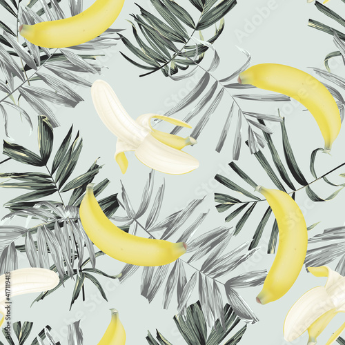 Fruit seamless pattern, Cavendish bananas with palm leaves on bright green