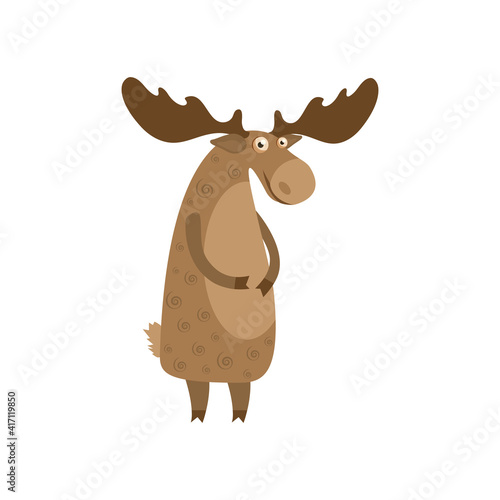 Cute moose cartoon. Happy cartoon elk. Vector illustration isolated on white background