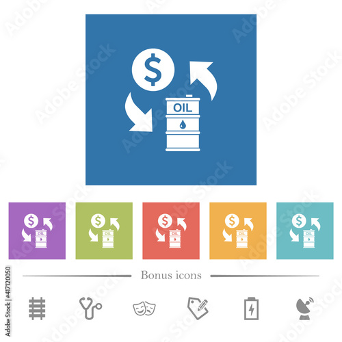 Dollar oil exchange flat white icons in square backgrounds