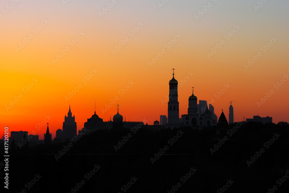 Red sunset over the Moscow Kremlin, Russia. Moscow city skyline