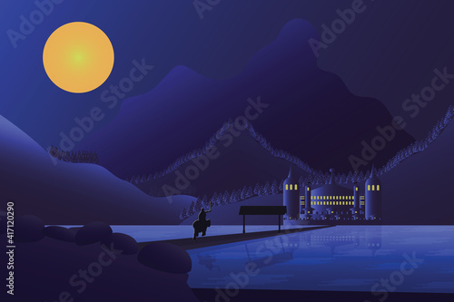 Flat illustration of a night rider in a hurry riding across a pier on a lake towards a castle located in front of the mountains photo