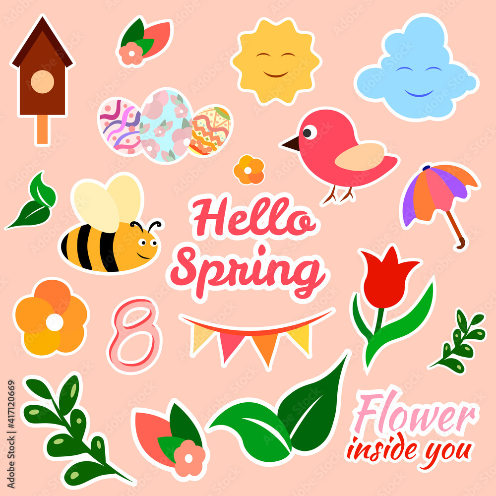 Spring set collection of isolated elements flat style stickers illustration Spring set collection of isolated elements flat style stickers illustration