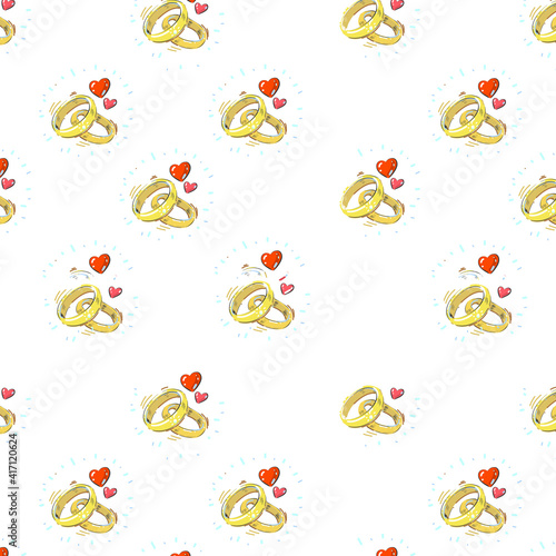 Hand drawn realistic engagement marriage rings with hearts seamless pattern on white background