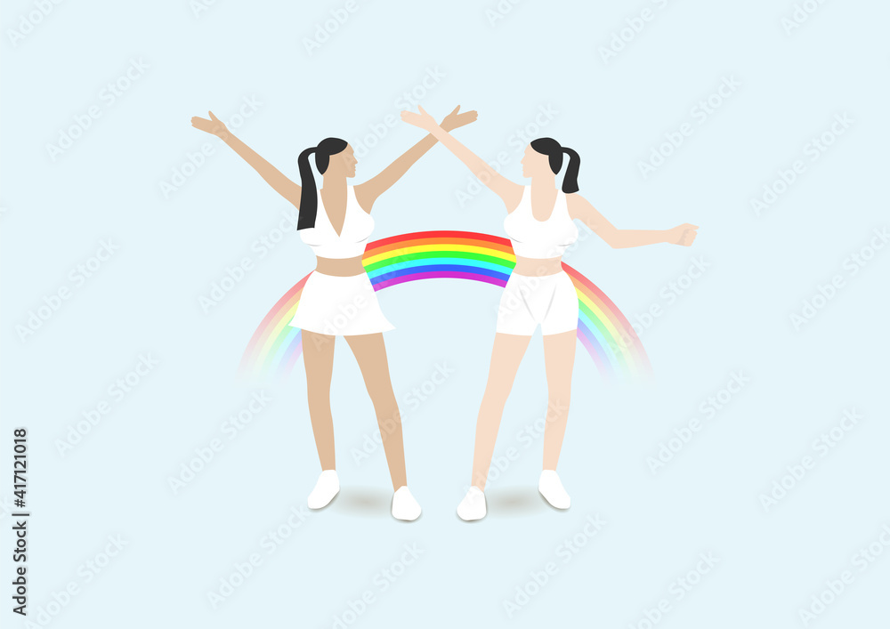 Two girls with raised arms in a white skirt, top and shorts. Rainbow on a light background