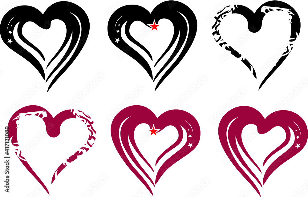 Black and dark red heart icons on a white backdrop. Symbols of love for holidays and events, postcards, embroidery, engraving, tattoos, textiles, emblems, logos, prints, vinyl cutting, web icons Black and dark red heart icons on a white backdrop. Symbols of love for holidays and events, postcards, embroidery, engraving, tattoos, textiles, emblems, logos, prints, vinyl cutting, web icons