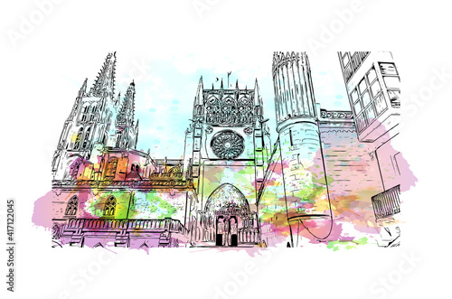 Building view with landmark of Burgos is the
city in Spain. Watercolour splash with hand drawn sketch illustration in vector.