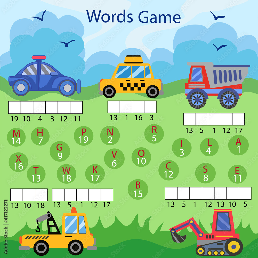 Fototapeta premium Worksheet with words puzzle game for children. Educational game with differents cars. Place the letters in right order. Find letters from the names auto. Vector illustration.