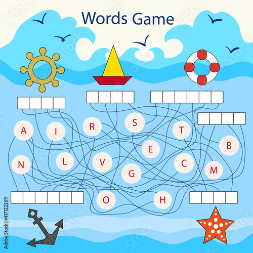 Worksheet with words puzzle game for children. Educational game with sea symbolics. Place the letters in right order. Find letters from the names of objects sea theme. Vector illustration.