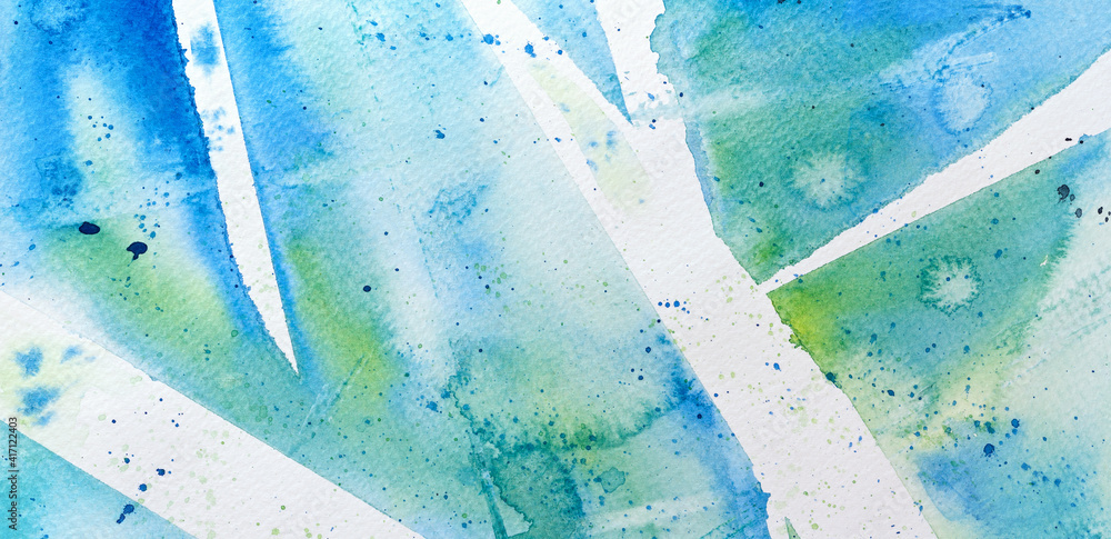 watercolor bright blue green background with white stripes and spots