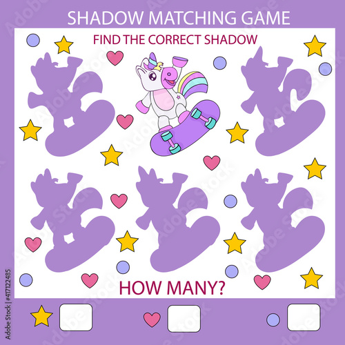 Cartoon unicorn. Education game worksheet activity page for baby. Kids riddle and count game. Birthday decor. Vector illustration.