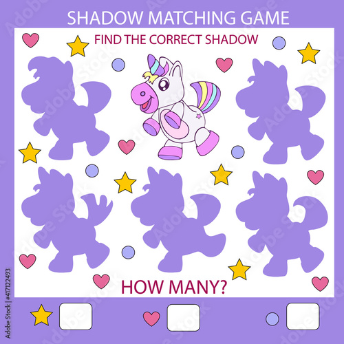 Photo Kids game with cartoon cute unicorn