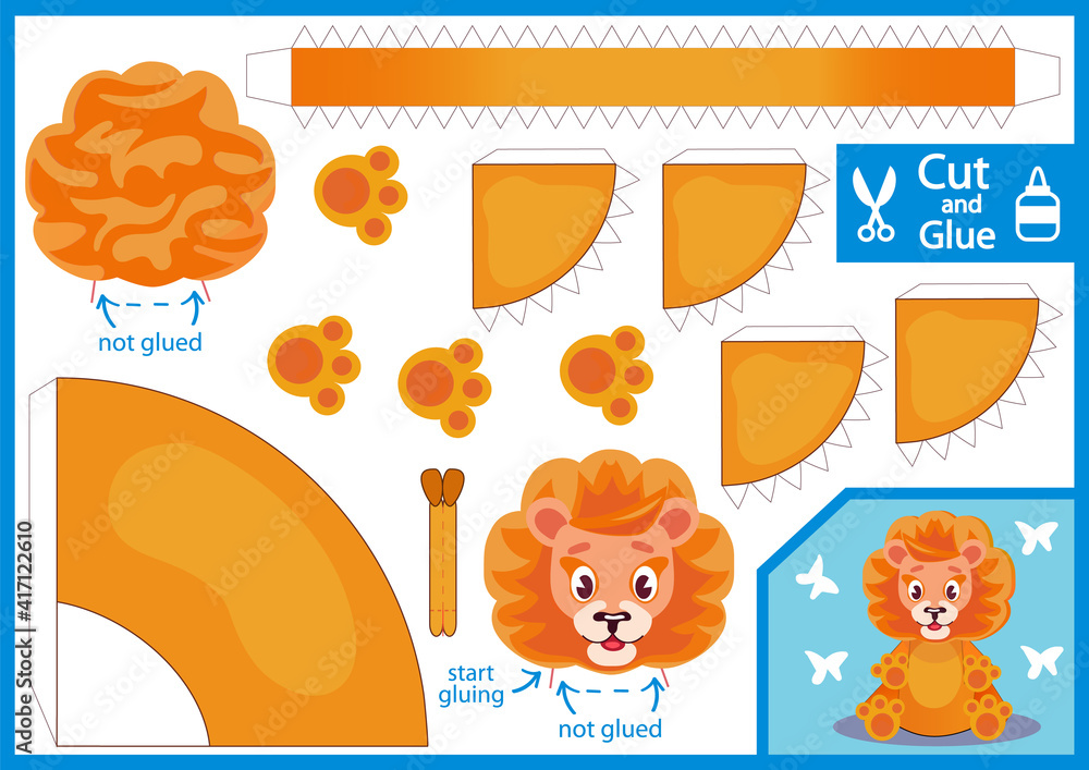 Cut and glue 3d paper lion. Children craft puzzle. Kids game activity page, worksheet. Finger puppets show. Vector illustration. Cut and glue 3d paper lion. Children craft puzzle. Kids game activity page, worksheet. Finger puppets show. Vector illustration.