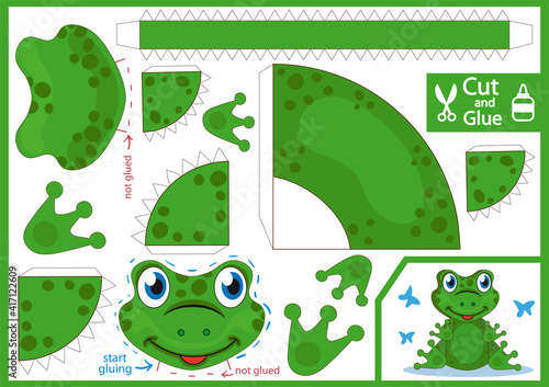 Cut and glue the 3d paper frog. Craft activity page. Kids art game and worksheet. Handmade toy. Vector illustration.