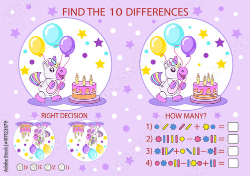 Children funny education game. Find the difference the two birthday illustration with Unicorn. Vector riddle entertainment. Tasks for attention. Mathematical exercise. Birthday décor with ornaments.