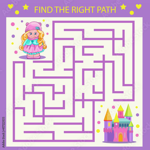 Kids maze game. Birthday worksheet with little girl go to castle. Funny cartoon activity page. Vector illustration.