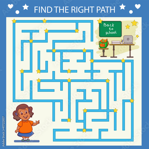 Kids maze game. Worksheet with little black girl go to school desk. Back to school. Funny cartoon riddle activity page. Vector illustration.