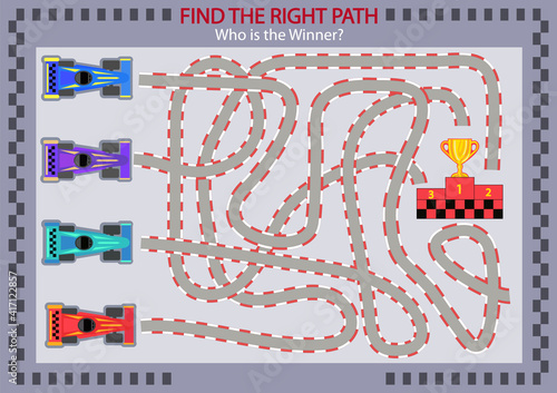 Find the right path for winner with racing cars. Children maze. Funny cartoon riddle entertainment and amusement. Kid’s art game and activities jigsaw. Vector illustration.