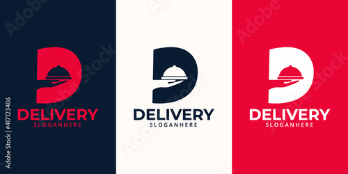 Delivery food Logo designs Template. Illustration vector graphic of  letter D with Food Cover On Hand logo design concept. Perfect for Restaurant deliver emblem. Catering company services sign
