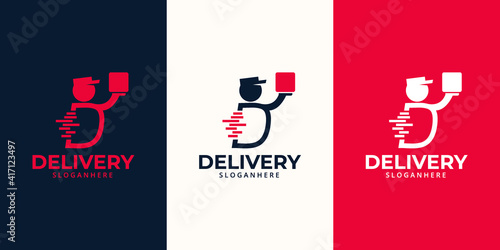 Delivery  Logo designs Template. Illustration vector graphic of  letter D with delivery man courier holding  box  logo design concept. Perfect for Delivery service, Delivery express logo design.  