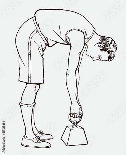 Young man from early 20th century bending down and trying to lift a weight with both hands