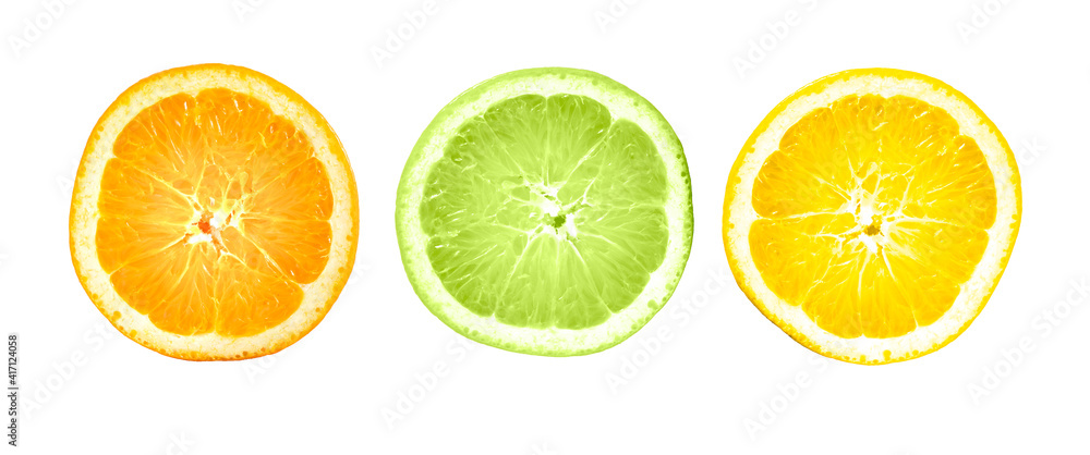 Obraz premium Sour fruit. Orange, Lemon, Lime Piece isolated on white background